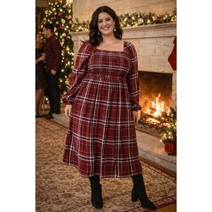 NWT Lane‎ Bryant Red Plaid Smocked Midi Dress Plus Size 22/24 Metallic Sparkle
